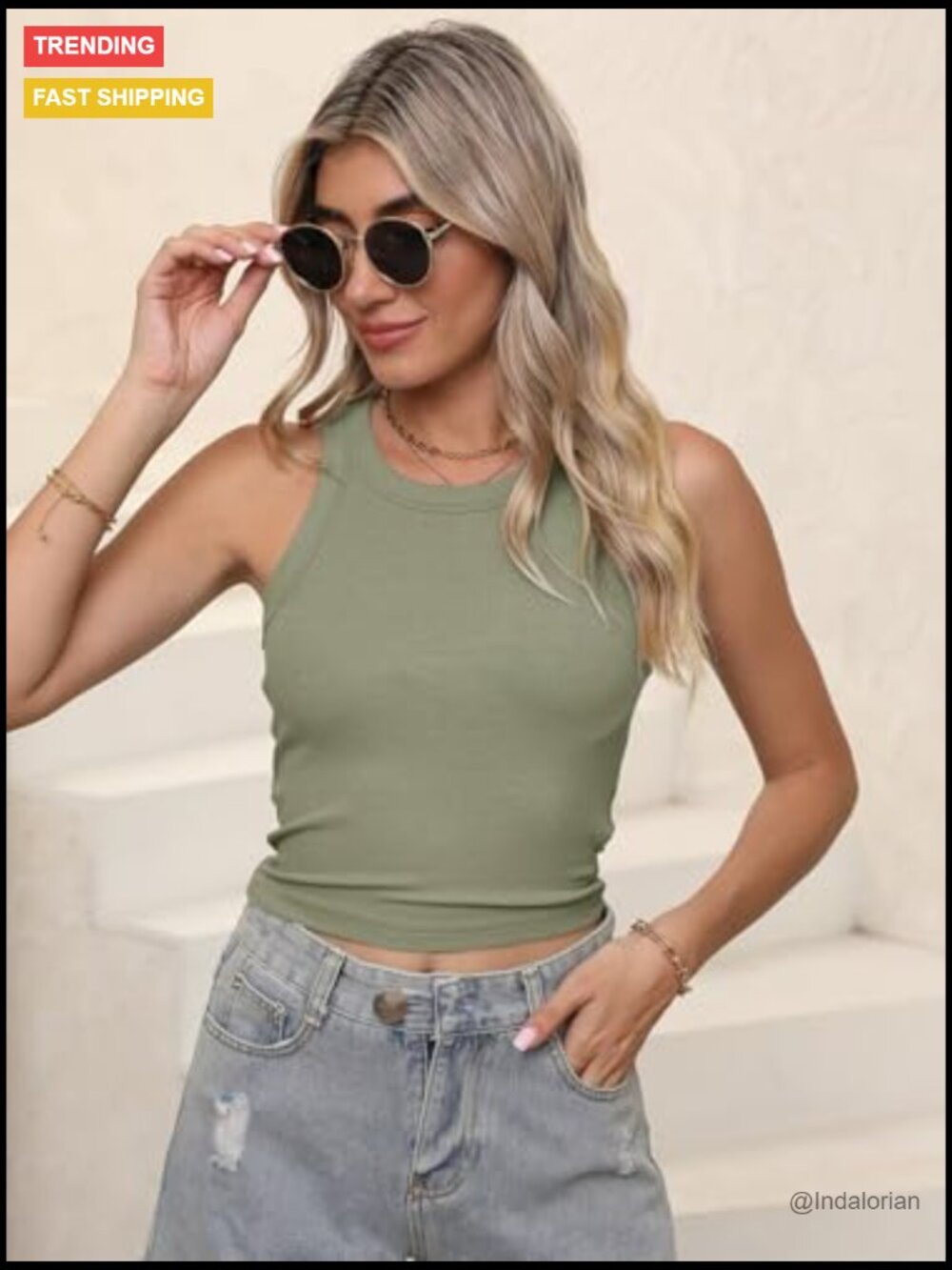 Ribbed Racerback Tank Top Sleeveless Crewneck Slim Fit Tunic Tops - Picture 5 of 7